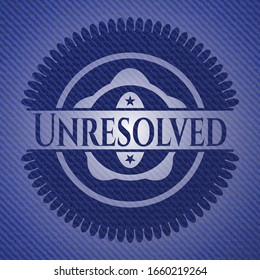 Unresolved emblem with denim high quality background. Vector Illustration. Detailed.