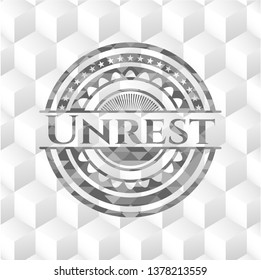 Unrest grey badge with geometric cube white background