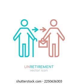 The unretirement icon. Back to work outlined symbol. Reentering the workforce pictogram. Older workers return to paid employment. Editable vector illustration isolated on transparent background.