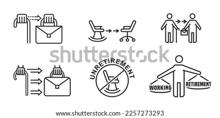 The unretirement icons set. Back to work outlined symbol. Reentering the workforce pictogram. Older workers return to paid employment. Vector illustration in black color on a transparent background.