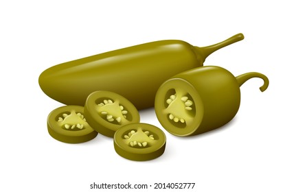 Unripe Pickled Jalapeño Chili Pepper, Half Of Pod With Three Slices, Isolated On White Background. Realistic Vector Illustration.