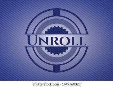 Unroll badge with denim background. Vector Illustration. Detailed.