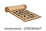 Unrolled papyrus scroll displaying ancient Egyptian hieroglyphs, symbolizing history and mystery.