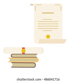 Unrolled and rolled diploma paper icon with stamp and books