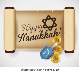 Unrolled scroll with dreidel and gelts for kids wishes and games.