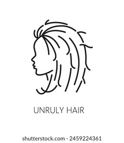 Unruly hair care and treatment thin line icon. Haircare cosmetology linear symbol, bathroom or beauty salon cosmetics or treatment product outline vector icon or pictogram with woman unruly hair