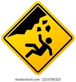 Unsicheres Bereichswarnzeichen, fallendes Felsen-Gefahrenbanner auf weißem Hintergrund