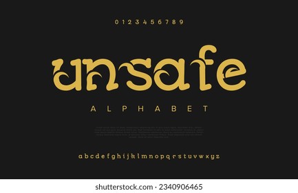 Unsafe creative vintage alphabet font. Digital abstract moslem, futuristic, fashion, sport, minimal technology typography. Simple numeric vector illustration