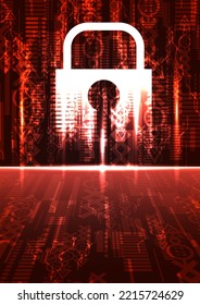 unsafe digital lock technology background with red neon caution network abstract. dangerous computer data and fiber communication online graphic. insecure intelligence signal system symbol vector
