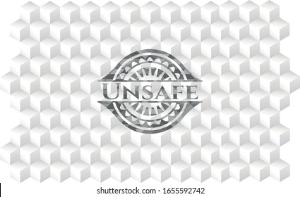 Unsafe grey emblem. Retro with geometric cube white background