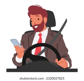 Unsafe And Illegal Behavior. Man Character Using Mobile Phone While Driving, Putting Himself And Others At Risk. Distracted Driving Can Lead To Accidents Concept. Cartoon People Vector Illustration