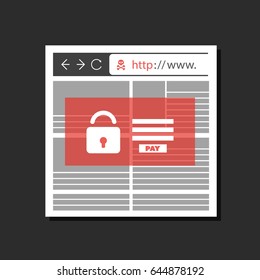 Unsicherer Online-Browser - Locked Device, Encrypted Files, Lost Documents, Global Ransomware Attack. Virusinfektion, Malware, Betrug, Spam, Phishing, E-Mail-Betrug, Hacking. Design des IT-Sicherheitskonzepts
