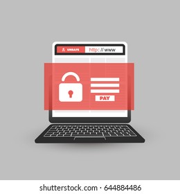 Unsafe Online Browsing - Locked Device, Encrypted Files, Lost Documents, Global Ransomware Attack. Virus Infection, Malware, Fraud, Spam, Phishing, Email Scam, Hacking. IT Security Concept Design