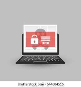 Unsafe Online Browsing - Locked Device, Encrypted Files, Lost Documents, Global Ransomware Attack. Virus Infection, Malware, Fraud, Spam, Phishing, Email Scam, Hacking. IT Security Concept Design