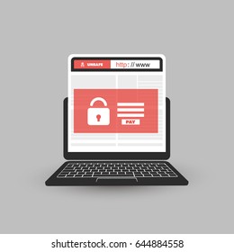 Unsafe Online Browsing - Locked Device, Encrypted Files, Lost Documents, Global Ransomware Attack. Virus Infection, Malware, Fraud, Spam, Phishing, Email Scam, Hacking. IT Security Concept Design