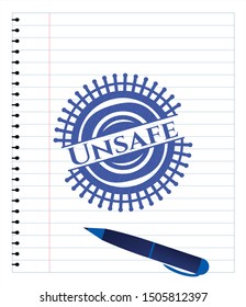 Unsafe pen emblem. Blue ink. Vector Illustration. Detailed.