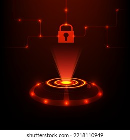 diseño inseguro del proyector de visualización futurista de podio con fondo de comunicación de bloqueo de la tecnología de neón rojo. un círculo brilla un diseño vectorial abstracto de señal digital brillante y holograma.