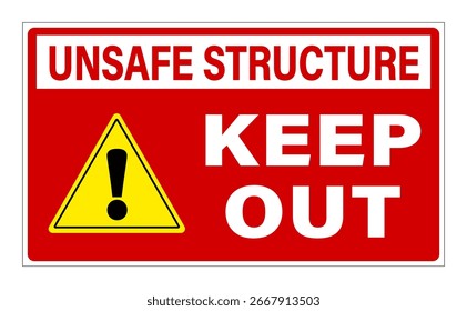 Estructura insegura, manténgase alejado. Signo de prohibición con triángulo amarillo signo de advertencia y texto. Forma de rectángulo, fondo rojo.