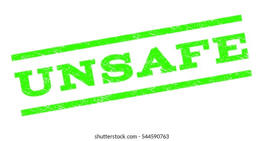 Unsafe watermark stamp. Text tag between parallel lines with grunge design style. Rubber seal stamp with scratched texture. Vector light green color ink imprint on a white background.