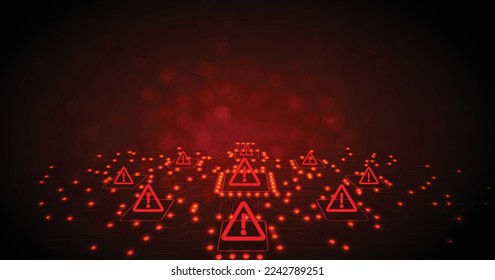 Unsafe Wifi Connections concept. Attention warning attacker alert sign with an exclamation mark on a dark red background.Security protection Concept.Hacker Attack, Viruses.