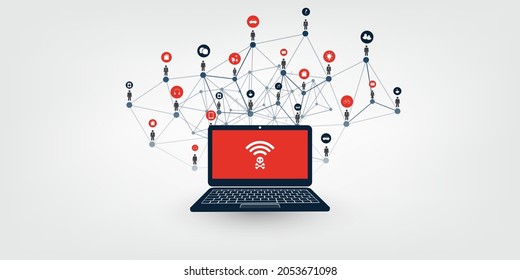 Unsafe Wi-Fi Connections, Networks - Virus, Backdoor, Ransomware, Fraud, Spam, Phishing, Email Scam, Hacker Attack - Business IT Security Concept Design, Mesh of Connected Network Client Nodes