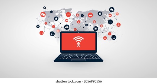 Unsafe Wi-Fi Connections, Networks - Virus, Backdoor, Ransomware, Fraud, Spam, Phishing, Email Scam, Hacker Attack - Global IT Security Concept Design, Vector Illustration with World Map, Network Mesh