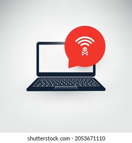 Unsafe Wireless Connections, Insecure Hacked Malicious Free Public Wi-Fi Hotspots - Virus, Backdoor, Ransomware, Fraud, Spam, Phishing, Scam, Hacker Attack - Red Alert, IT Security Concept Design