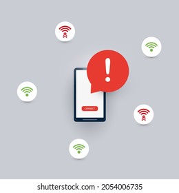 Unsafe Wireless Connections, Insecure Hacked Malicious Free Public Wi-Fi Hotspots - Virus, Backdoor, Ransomware, Fraud, Spam, Phishing, Scam, Hacker Attack - Red Alert, IT Security Concept Design