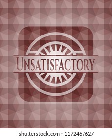 Unsatisfactory red emblem or badge with abstract geometric polygonal pattern background. Seamless.