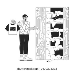 Unsatisfied arab man at full wardrobe black and white cartoon flat illustration. Male shopaholic cartoon outline character isolated on white. Overconsumption monochrome scene vector outline image