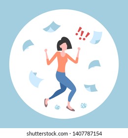 unsatisfied businesswoman throwing paper sheets angry emotional business woman conflict problem fail concept documents flying in air flat full length