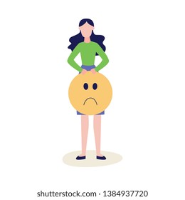Unsatisfied customer woman makes a review of the quality of service holding the sad face sign. Concept of consumer feedback rating vector illustration isolated on white.
