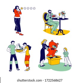 Unsatisfied Customers Concept. Woman Review of Service Quality with Sad Face and One Rank Star. Disappointed Consumer Characters Low Feedback Store and Cafe Rating. Linear People Vector Illustration