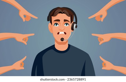 
Unsatisfied Customers Pointing to a Client Service Operator Vector Cartoon illustration. Customer service employee being blamed by angry clients 
