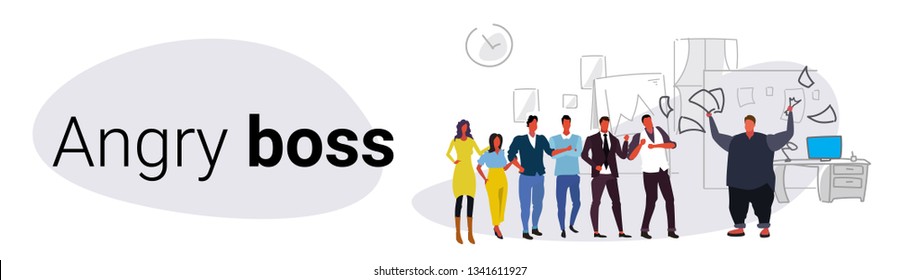 unsatisfied fat man boss throwing paper documents screaming on frustrated workers bad job concept angry obese employer shouting employees office interior sketch horizontal