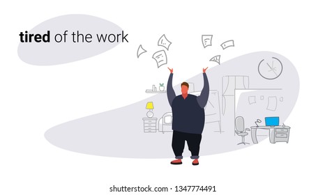 unsatisfied fat man boss throwing papers documents bad job concept angry overweight businessman employer modern office interior sketch doodle horizontal
