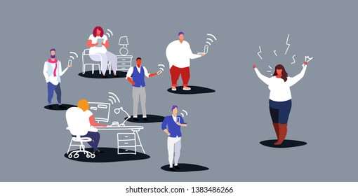 unsatisfied fat woman boss screaming on employees sitting in gadgets bad job concept angry employer shouting workers sketch horizontal