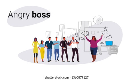 unsatisfied fat woman boss throwing paper documents screaming on frustrated workers bad job concept angry obese employer shouting employees office interior sketch horizontal