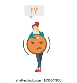 Unsatisfied girl semi flat RGB color vector illustration. Negative emoticon. Alarmed woman. Irritated person. Consumer, customer feedback. Emotional review. Isolated cartoon character on white