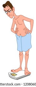 Unsatisfied man in towel standing on a weight scale after shower