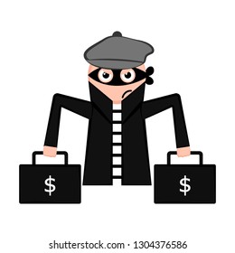 Unsatisfied thief cartoon with a money briefcases. Vector illustration design