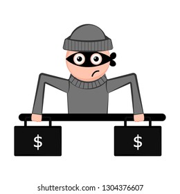 Unsatisfied thief cartoon with a money briefcases. Vector illustration design