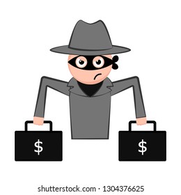 Unsatisfied thief cartoon with a money briefcases. Vector illustration design