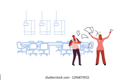 unsatisfied woman boss throwing papers documents screaming on frustrated man worker bad job concept angry employer shouting employee modern office interior sketch horizontal