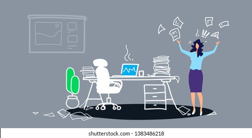 unsatisfied woman boss throwing papers documents tired at work concept angry businesswoman employer feeling stressed standing near workplace office interior sketch doodle horizontal