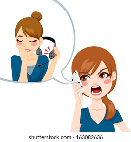 Unsatisfied woman using smart phone yelling angry to call center agent for bad customer service assistance