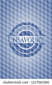 Unsavoury blue badge with geometric pattern background.