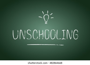 Unschooling lettering in vector. Chalk board and chalk effect. Free education and study at home.