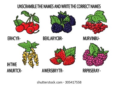 unscramble names berries game. Vector illustration of unscramble names game with berries for children