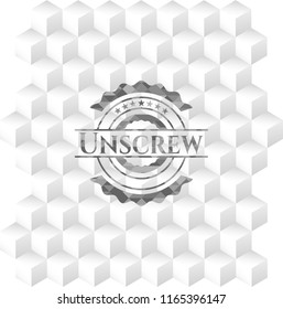 Unscrew grey badge with geometric cube white background